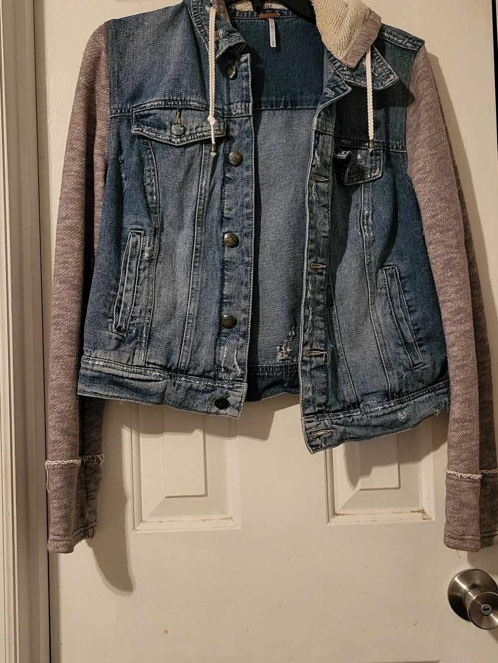 Free People medium blue denim jacket with cream knit collar trim